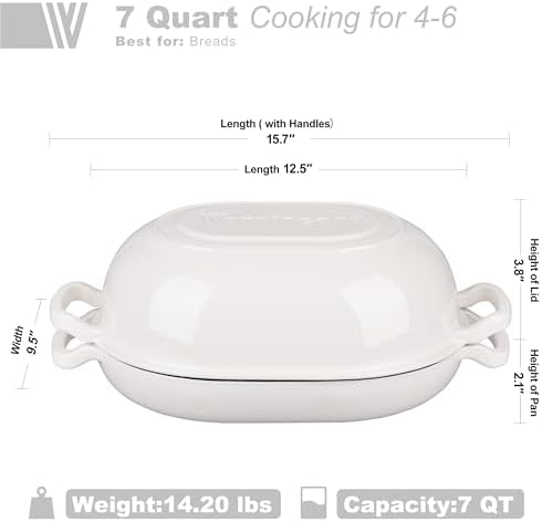 VORRINGARD Enameled Cast Iron Sourdough Bread Oven, Dutch Oven, Loaf Cast Iron Bread Pan for Homemade Bread Baking, Meatloaf Pan with Lid, 7QT, White - Image 2