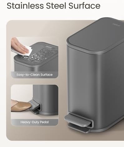 Cesun Small Bathroom Trash Can with Lid Soft Close & Pedal, 1.3 Gal, Gray - Image 3