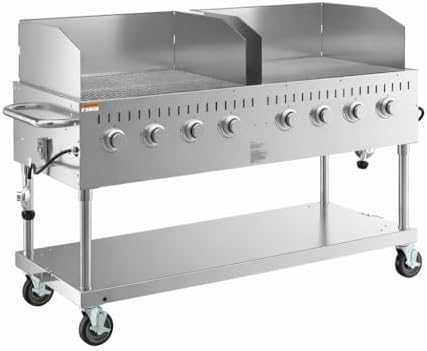 Commercial Stainless Steel Outdoor Liquid Propane Grill with Wind Guards, 60" Cooking Surface, 8 Burners, 128,000 BTU, for Restaurant Patio, Resort, Catering, Outdoor Kitchen, Hotel by Krollen+Industrial