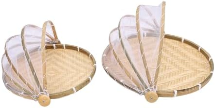 Estink Round Tent Basket, Wood Woven Food Serving Basket with Mesh Cover, Ideal for Picnics, BBQs, and Outdoor Events - Image 2