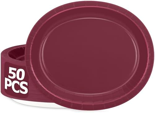 50 Pack Burgundy Plates 12.2" x 10.2" Heavy-duty Paper Oval Dinner Plates by QZYL