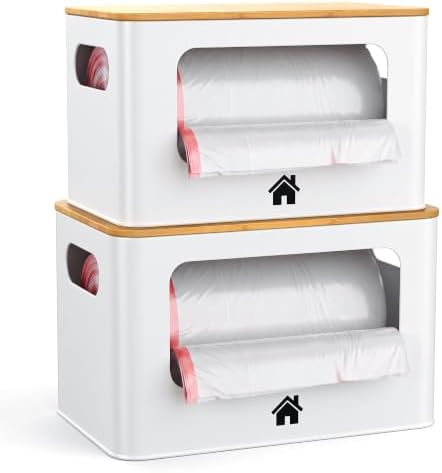 ALOCEO Metal Trash Bag Holder with Bamboo Lid - 13/30/33 Gallon Garbage Bag Dispenser - Under Sink Organizer - Laundry Room Organization - Stackable Bins for Pantry and Kitchen Storage - 2 Pack White by ALOCEOWallHooksAdhesive