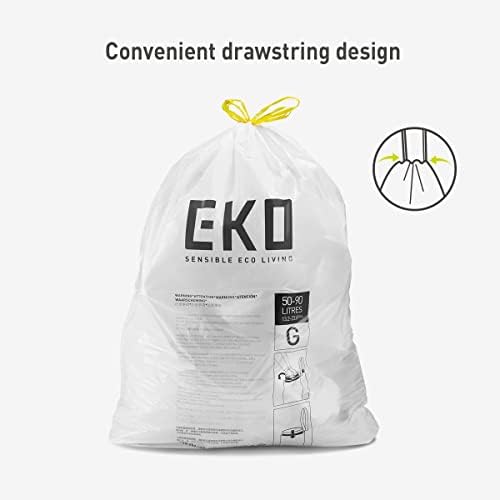 EKO 21 Gallon / 50-90 Liter, 60 Count Drawstring Trash Bags, Extra-Strong Unscented Garbage Bags, Easy-Dispense Roll for Kitchen & Household Use, Code G, White - Image 3