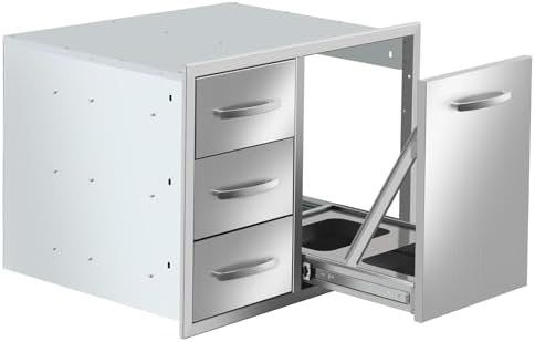Outdoor Kitchen Door Drawer Combo 28W x 20.1H x 19.7D with Handles Built-in BBQ Access Triple Drawers and Trash Drawer Designed for BBQ Island Grill Station by Unknown