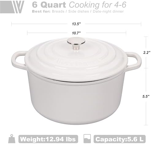 VORRINGARD Enameled Cast Iron Dutch Oven Pot with Lid, for Sourdough Bread Baking, Round Dutch Ovens, 6 Quart, White - Image 2