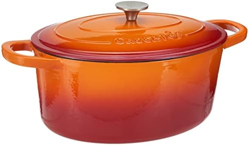 Crock Pot Artisan 7-Quart Oval Enameled Cast Iron Dutch Oven – Sunset Orange, Durable Heavy-Duty Cookware for Slow Cooking, Roasting, Baking with Lid by Crock-PotBrand