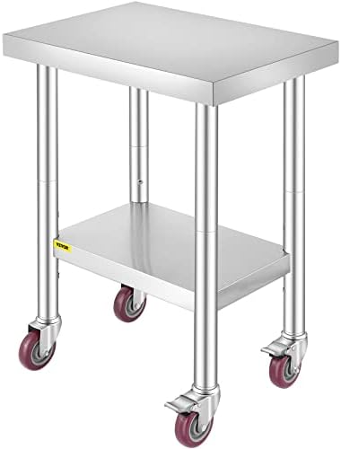 Mophorn 24x18x34 Inch Stainless Steel Work Table 3-Stage Adjustable Shelf with 4 Wheels Heavy Duty Commercial Food Prep Worktable with Brake for Kitchen Prep Work by VEVOR
