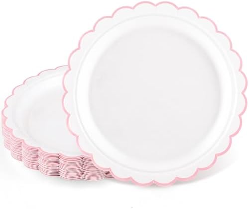 NatNarr 30 Pk Pink Paper Plates 7" Scalloped Pink White Dessert Cake Plates by NatNarr
