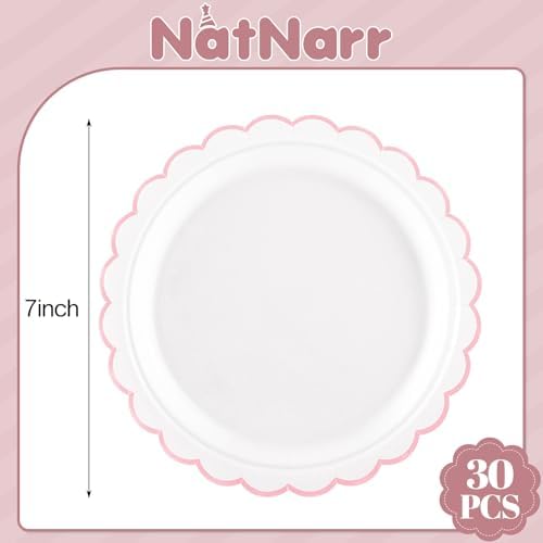 NatNarr 30 Pk Pink Paper Plates 7" Scalloped Pink White Dessert Cake Plates - Image 2