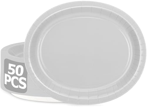50 Pack Silver Paper Plates 12.2 X 10.2 Inches Disposable Plates for Party by QZYL