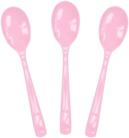 SietDESEO 25 PCS Light Pink Plastic Spoons Disposable Utensils Heavy Duty Baby Pink Spoons Disposable Cutlery for Birthday Wedding Baby Shower Bridal Shower Plastic Silverware by SietDESEO
