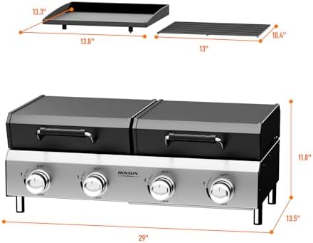 ROVSUN 2-in-1 Propane Gas Grill and Griddle Combo with Lid, 4 Burner Tabletop Flat Top Griddle & Grill with 40000BTU Output, Auto Ignition, Enamel Grate for Outdoor Backyard BBQ Cooking - Image 6