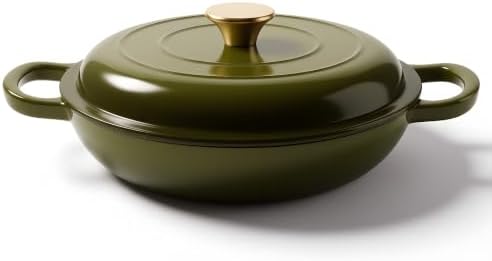 Dutch Oven Enameled Cast Iron with Lid - Big Dual Handles - Oven Safe up to 500°F - Classic Round Pot for Versatile Cooking 3 QT Shallow Pot Golden Green by Alathote