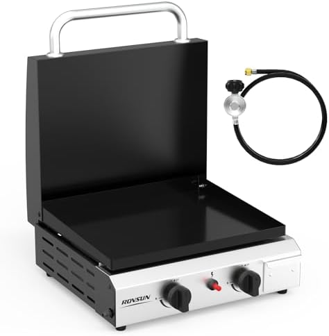 ROVSUN 2 Burner Portable Propane Griddle with Electronic Ignition & Regulator, 20,000 BTU Tabletop Flat Top Gas Grill with Enameled Tray & Lid for Outdoor Cooking Camping BBQ Tailgating Picnicking by ROVSUN