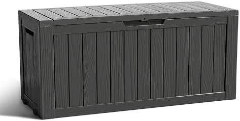 ROJIK Outdoor Storage Housing Deck Box - Waterproof Patio Furniture, Garden Tools, Cushions, Pool Accessories Storage Bench with Lockable Lid and Side Handles (Black 76 Gal) by ROJIK