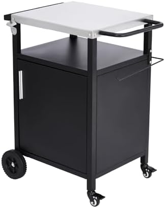 Outdoor Grill Cart with Storage, Outdoor Grill Table with Spice Rack, Lockable Wheels & Stainless Steel Top, Rolling Bar Cart Outdoor BBQ for Patio Family Home Party Bar (Single Door, Black) by Outvita