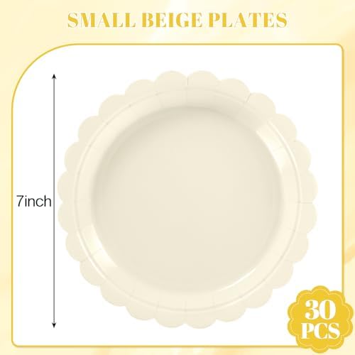 NatNarr 30 Pcs Dessert Plates Disposable, 7 Inch Ivory Wedding Paper Plates Scalloped Small Cake Appetizer Birthday Plate Cream Party Plate for Baby Bridal Shower, Engagement (Pack of 3) - Image 2