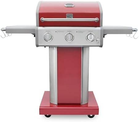 Kenmore 3-Burner Outdoor BBQ Grill | Liquid Propane Barbecue Gas Grill with Folding Sides, PG-A4030400LD-RD, Pedestal Grill with Wheels, 30000 BTU, Red by Kenmore