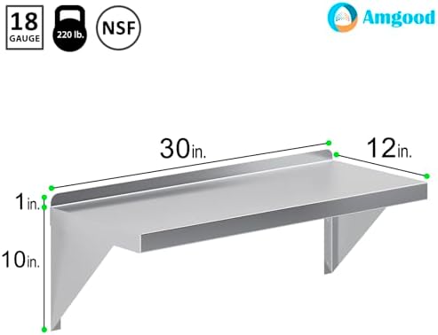 AmGood 12" x 30" Stainless Steel Wall Shelf | Appliance & Equipment Metal Shelving | Kitchen, Restaurant, Garage, Laundry, Utility Room | Heavy Duty | Turned-Down Edge | NSF Certified - Image 3