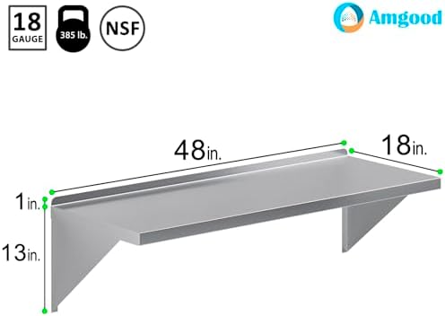 AmGood 48" Width x 18" Length | Stainless Steel Wall Shelf | Turned-Down Edge | Metal Shelving | Heavy Duty | Commercial Grade | Wall Mount | NSF Certified - Image 3