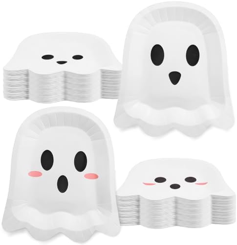 FOIMAS 50 Pcs Halloween Paper Plates, 9.84 Inch Cute Ghost Disposable Plates Spooky Boo Dessert Dinner Plate Tableware for Baby Shower Halloween Party Supplies Birthday Table Decor,White by FOIMAS