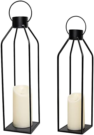 HPC Decor 22'' 19'' Lanterns Decorative w/ Flickering Timer Candles- Large Tall Black Metal Candle Lanterns Set of 2- Modern Farmhouse Decor for Indoor,Outdoor,Tabletop,Porch (No Glass) by HPCDECOR