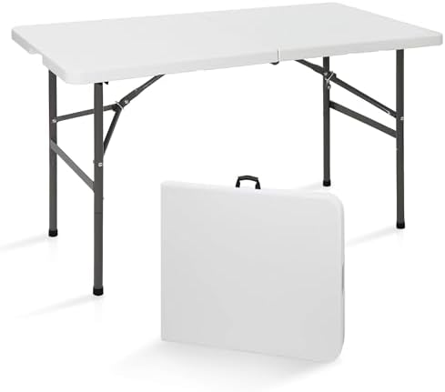 SUPER DEAL Portable 4 Foot Plastic Folding Table, Small Indoor Outdoor Heavy Duty Fold-in-Half Picnic Party Camping Barbecues Table with Carrying Handle, White by Superdeal