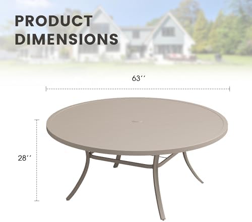 Outdoor Dining Table for 8, 63" Round Outdoor Table with Adjustable Umbrella Hole, All-Weather Metal Patio Dining Table for Lawn Garden Backyard Deck, Sandshell - Image 2