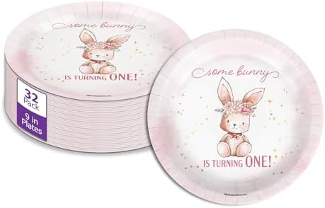 Some Bunny is Turning One First Birthday - 32 Piece Disposable Party Supplies - Decorations for Rabbit 1st Birthday Round Party Plates - Large 9" Paper Plates In Bulk by BirthdayGalore