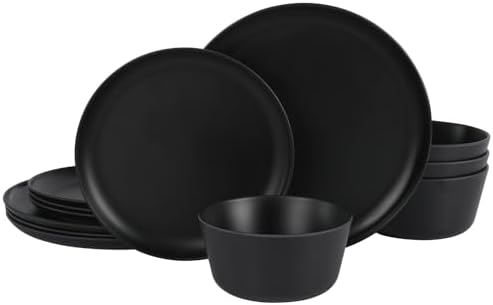 Gibson Home Fairhope 12-Piece Matte Black Melamine Dinnerware Set – Durable Lightweight Plates and Bowls, Kitchen Dining Set by GibsonHomewares