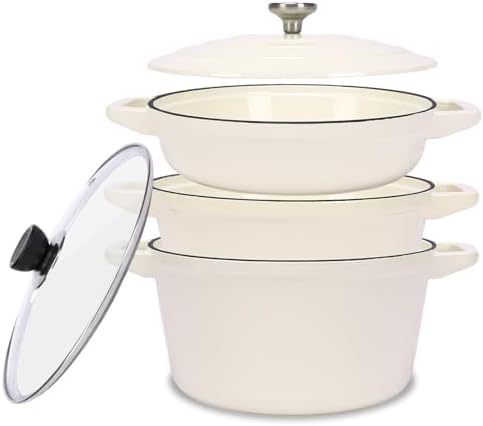QuliMetal Enameled Cast Iron Set 5-Pc, 10" Stackable Space-Saving Cookware Set, Dutch Oven, Skillet, Grill Pan, with 2 Universal Lid, Versatile Enamel Dutch Oven, Included Spacers, White by QuliMetal