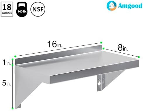 AmGood 08" Width x 16" Length | Stainless Steel Wall Shelf | Turned-Down Edge | Metal Shelving | Heavy Duty | Commercial Grade | Wall Mount | NSF Certified - Image 3