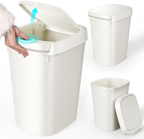 CEROELDA 3 Pack Bathroom Trash Can with Lid, 10L/2.6 Gal Small Garbage Can with Press Top Lid, Slim Plastic Waste Basket for Toilet, Office, Bedroom (White, 3 Pack) by WelcometoCEROELDA