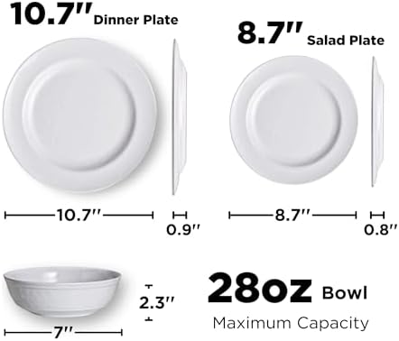 TP 12-Piece Melamine Dinnerware Sets, Plates and Bowls Dishes Set for 4, Break-Resistant & Non-Microwavable, Lightweight Dinner Plates, White - Image 5