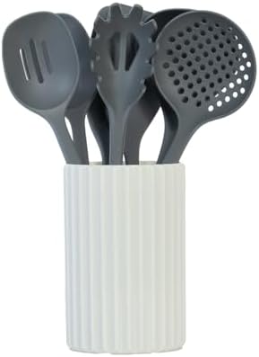 Glad Kitchen Utensils Set, 8pcs - Nonstick Cooking Tools with Utensil Holder - Nylon Spoon, Ladle, Skimmer, Spaghetti Server, and Turner Spatula Set - Dishwasher Safe, Grey, (Pack of 6) by GladTrashFoodStorage