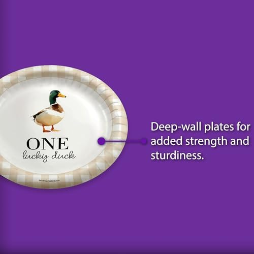 One Lucky Duck First Birthday - 32 Piece Disposable Party Supplies - Decorations for Beige Gingham 1st Birthday Round Party Plates - Large 9" Paper Plates In Bulk - Image 5