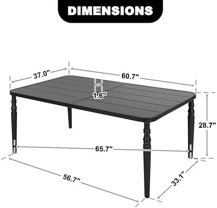 NUU GARDEN Weather-Resistant Outdoor 61” x 37” Rectangle Metal Dining Table with Umbrella Hole, Powder-Coated Frame, Slatted Tabletop, for Patio, Garden, Backyard and Balcony, Black - Image 3