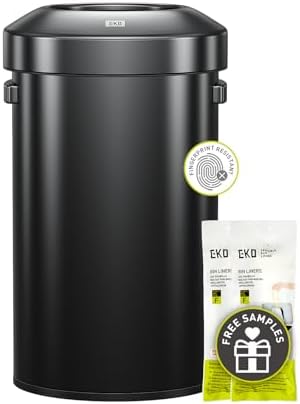 EKO 16-Gallon Round Black Stainless Steel Open Top Trash Can, Large Commercial Waste Bin with Detachable Lid and Carrying Handle, Brushed Metal Garbage Bin for Home, Office, Restaurant, Restroom by Unknown