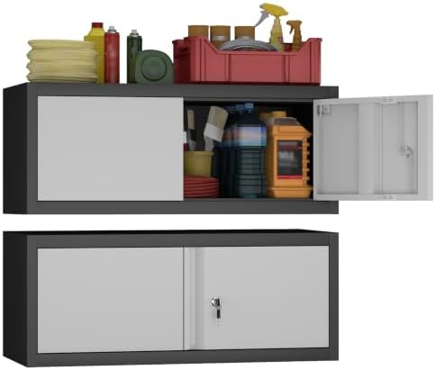 IRONFFICE Metal Wall Cabinet with Doors,Garage Storage Cabinet Wall Mounted,Lockable Cabinets for Home Office,Garage,Warehouse,Grey-Black by IRONFFICE