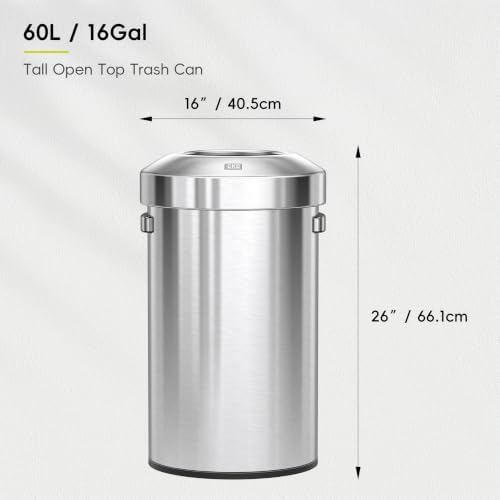 EKO 16-Gallon Round Stainless Steel Open Top Trash Can, Large Commercial Waste Bin with Detachable Lid and Carrying Handle, Brushed Metal Garbage Bin for Home, Office, Restaurant, Restroom - Image 2