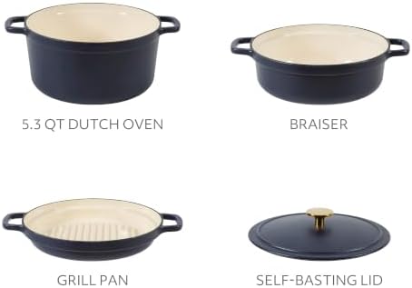 Sur La Table Kitchen Essentials 4-Piece Enameled Cast Iron Stackable Cookware Set, 5.3 Qt Dutch Oven with Lid, Braiser & Grill Pan, Navy Blue, Gold Knob Oven Safe to 500°F, Induction Compatible - Image 3