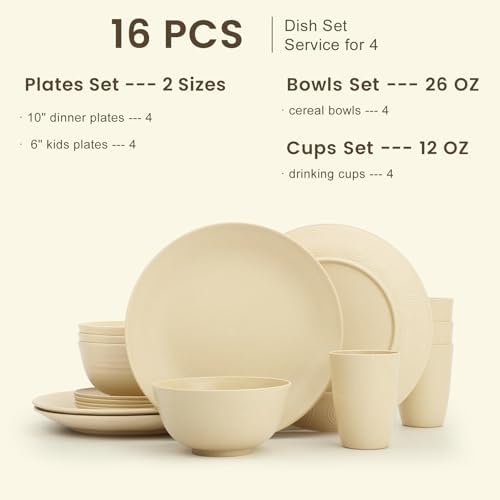 Homienly Premium Wheat Straw Dinnerware Sets, Lightweight & Unbreakable Plates and Bowls Sets,Cups,Service for 4,Dishwasher and Microwave Safe 16 PCS Dish Sets for Home，Camping- Beige - Image 2
