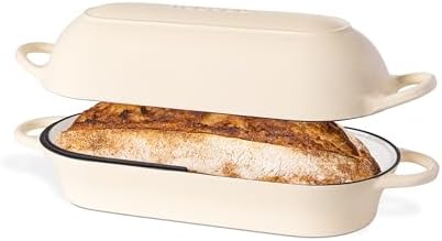 Enamelled Cast Iron Bread Loaf Pot – Dutch Oven For Sourdough Bread Baking – Oven Safe Non Stick Bread Pot – Rectangular, Cream, 34cm x 16cm – by Nuovva by Nuovva
