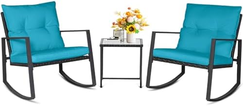 SUNCROWN 3 Piece Outdoor Rocking Bistro Set Black Wicker Furniture Porch Chairs Conversation Sets with Glass Coffee Table, Light Blue by HOME