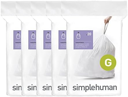 simplehuman Code G 100 Count Custom Fit Liners, Drawstring Kitchen Trash Bags, One-by-One Mess-Free Dispense, Extra Thick & Double Seamed, 50% PCR Plastic, 30 Liter / 8 Gallon, White by Unknown