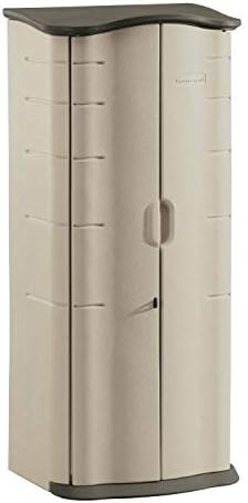 Rubbermaid Compact Vertical Resin Storage Shed With Floor (2 x 2.5 Ft), Weather Resistant, Beige/Brown, Organization for Home/Backyard/Garden Tools/Porch/Patio Cushions/Pool Chemicals/Toys by Rubbermaid
