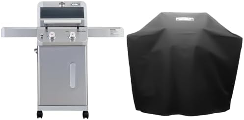 Monument Grills 2-Burner Stainless Steel Liquid Propane Gas Grill, Two Foldable Shelves Patio Garden Barbecue Grill with Clearview® Lid, Knob Control, Mesa200S with BBQ Cover by MonumentGrills