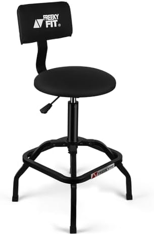 Shop Stool with Backrest, Mechanic Garage Stool for Workshop, Adjustable Shop Stools Chair, Padded Workbench Stools for Men Women, 300 LBS Capacity, 360° Swivel PVC Seat, Heavy Duty, Black by FreekyFit