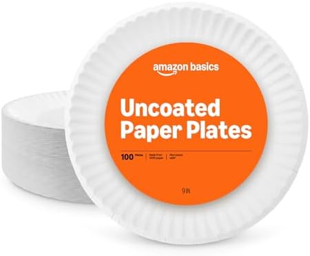 Amazon Basics 9" Uncoated White Paper Plates, Microwave Safe, 100 Count by AmazonBasics