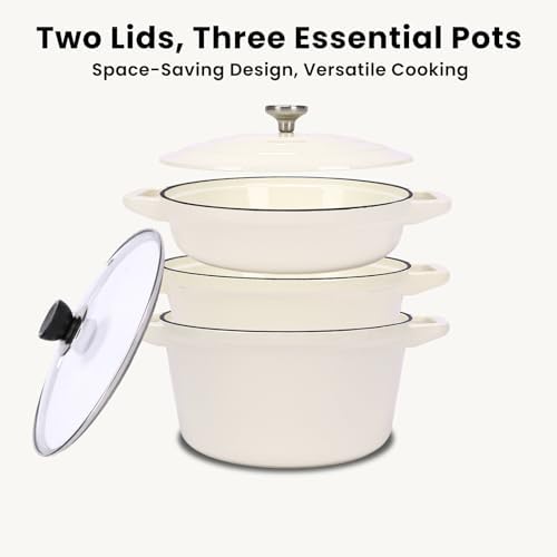 QuliMetal Enameled Cast Iron Set 5-Pc, 10" Stackable Space-Saving Cookware Set, Dutch Oven, Skillet, Grill Pan, with 2 Universal Lid, Versatile Enamel Dutch Oven, Included Spacers, White - Image 6